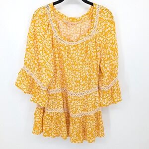 Magnolia Lane Tunic Top Floral Women Large Yellow Tiered Bell Sleeve Blouse Boho